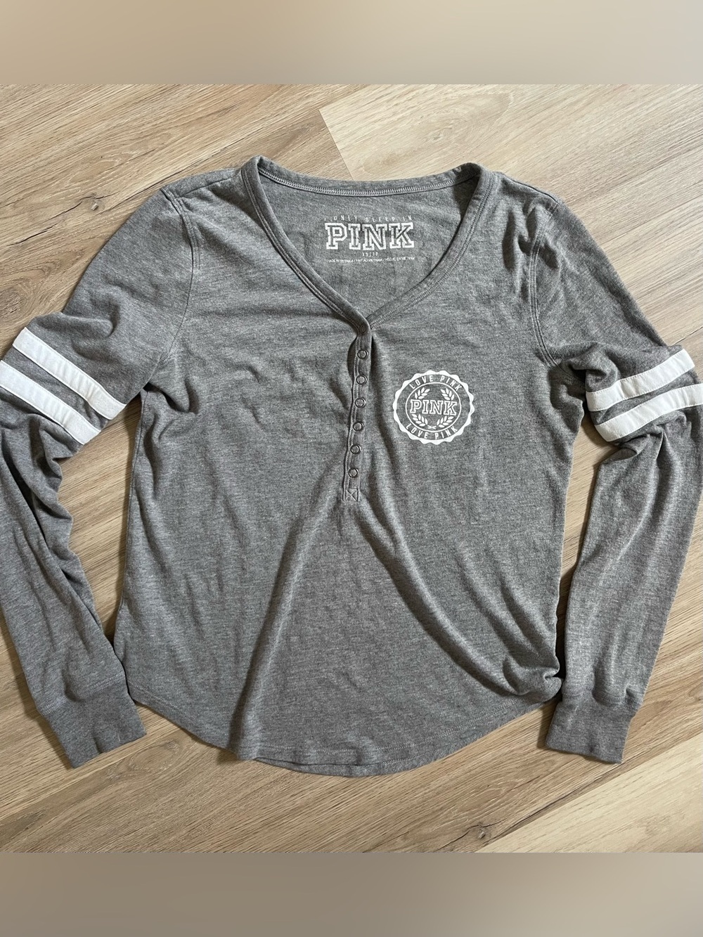 PINK Victoria's Secret Gray Long Sleeve Henley with Striped Sleeves